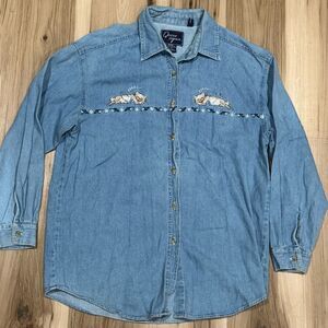 Let’s Quizz Again Embroidered Cat Button Up Shirt Vintage 90s Women’s Medium
